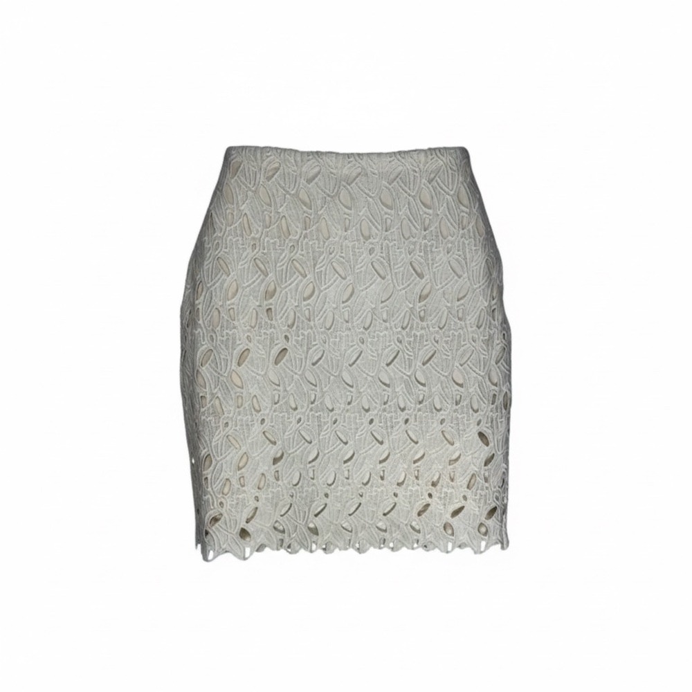 Kenar Ivory Cream Lace Skirt Size 6 Eyelet Scallop Hem Lined Zip Elegant